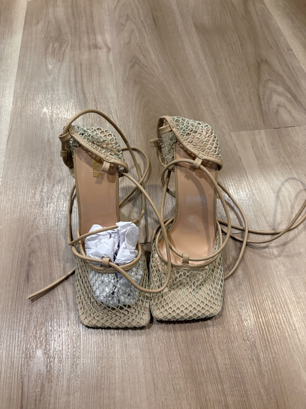 Woven Lace-Up Square-Toe Heels in Beige